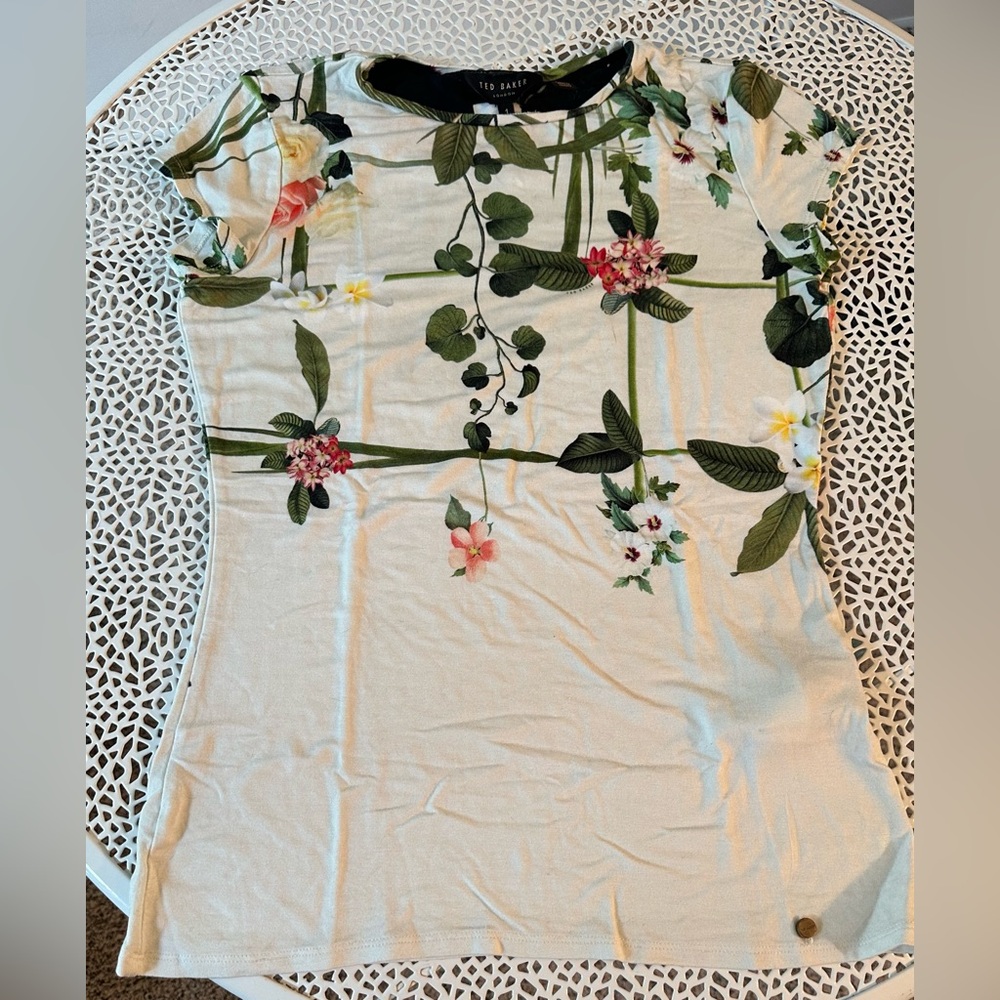 Ted Baker Cream Floral Short Sleeve Tee with Green Leaf Print